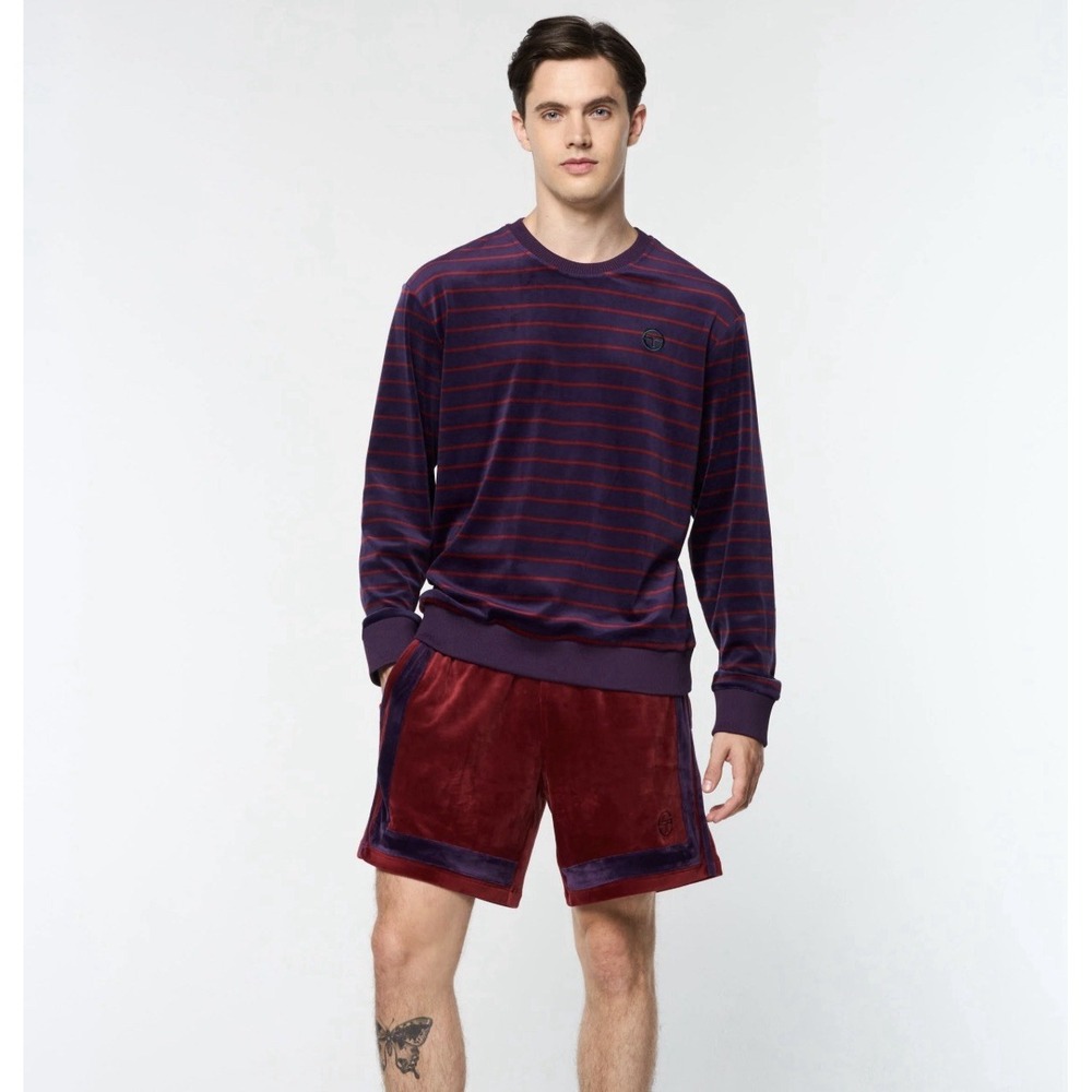 NWOT Sergio Tacchini Men's XL Foggia Velour Crewneck Sweatshirt Purple Stripe